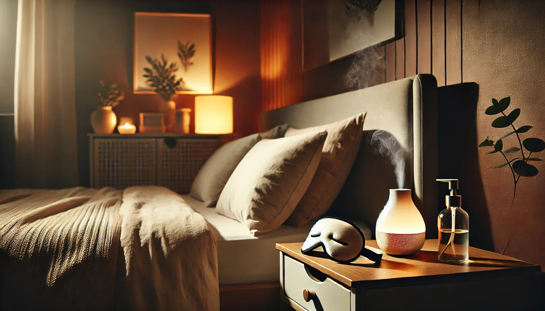 Cozy bedroom with dim lighting, a neatly made bed, sleep mask on pillow, and aromatherapy diffuser emitting mist. Relaxing decor creates a tranquil, sleep-friendly atmosphere