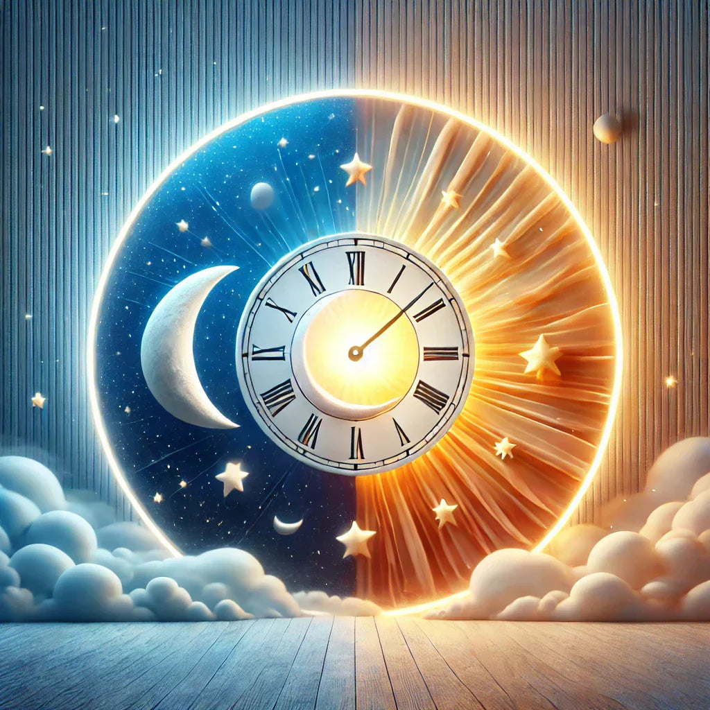 Abstract image of circadian rhythms with day and night elements, showing a sun, moon, stars, and clock overlay to symbolize the 24-hour cycle