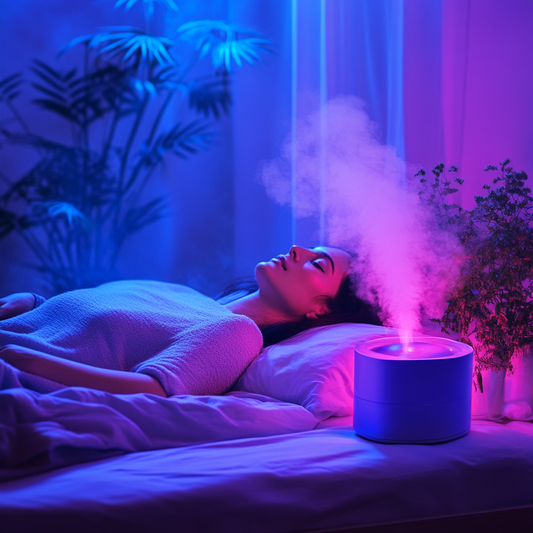 A serene bedroom with a peaceful atmosphere, a person is sleeping comfortably on a bed, with a humidifier gently releasing mist beside them.