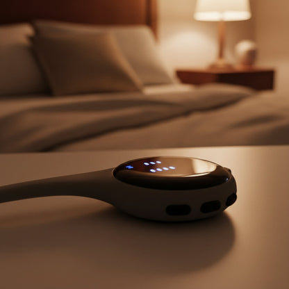 Reztful Noctune under-pillow bone-conduction sleep speaker on a table with a blurred bedroom background