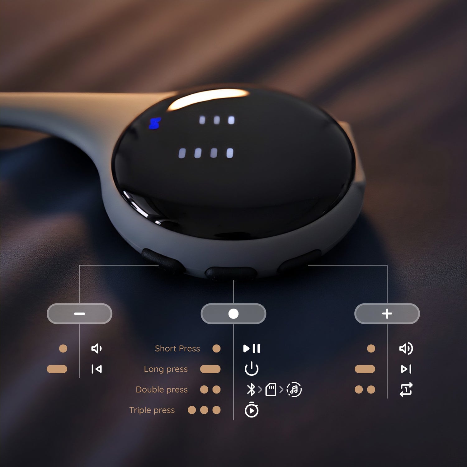 Reztful Noctune under-pillow bone-conduction sleep speaker on a smooth bedsheet-sky, showing buttons and controls options.