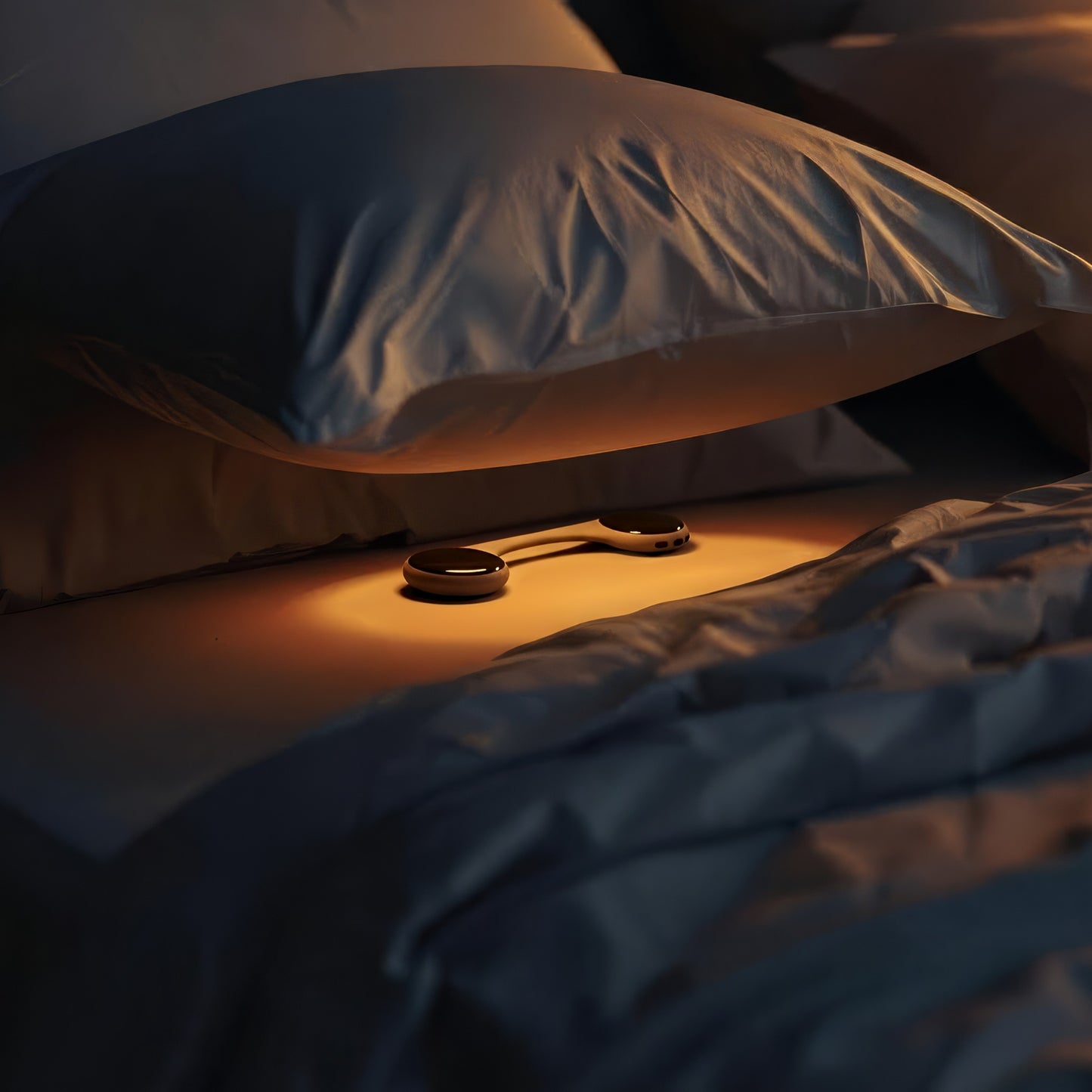 Reztful Noctune under pillow bone conduction Bluetooth speaker on a bed in a dimly lit bedroom