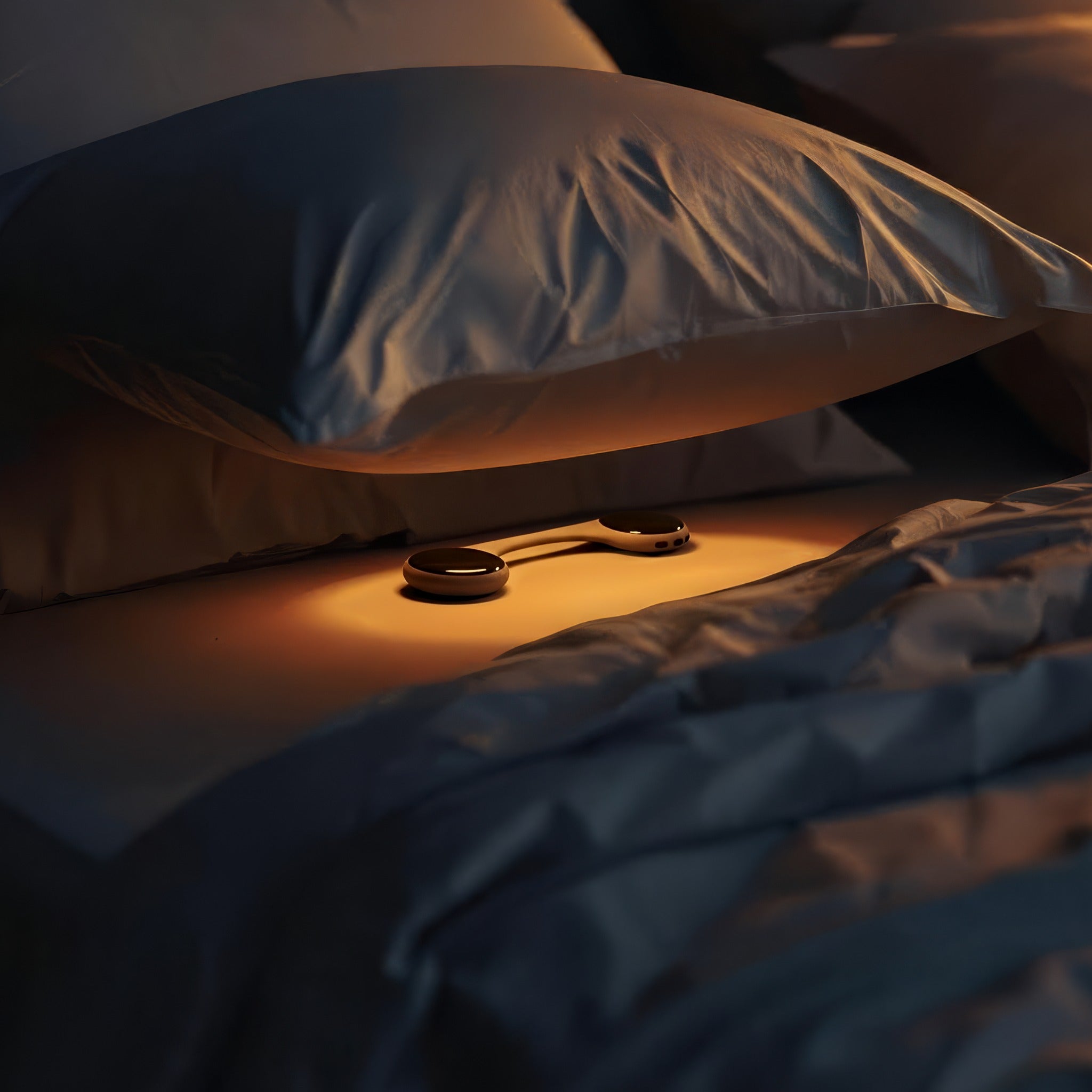 Reztful Noctune under pillow bone conduction Bluetooth speaker on a bed in a dimly lit bedroom