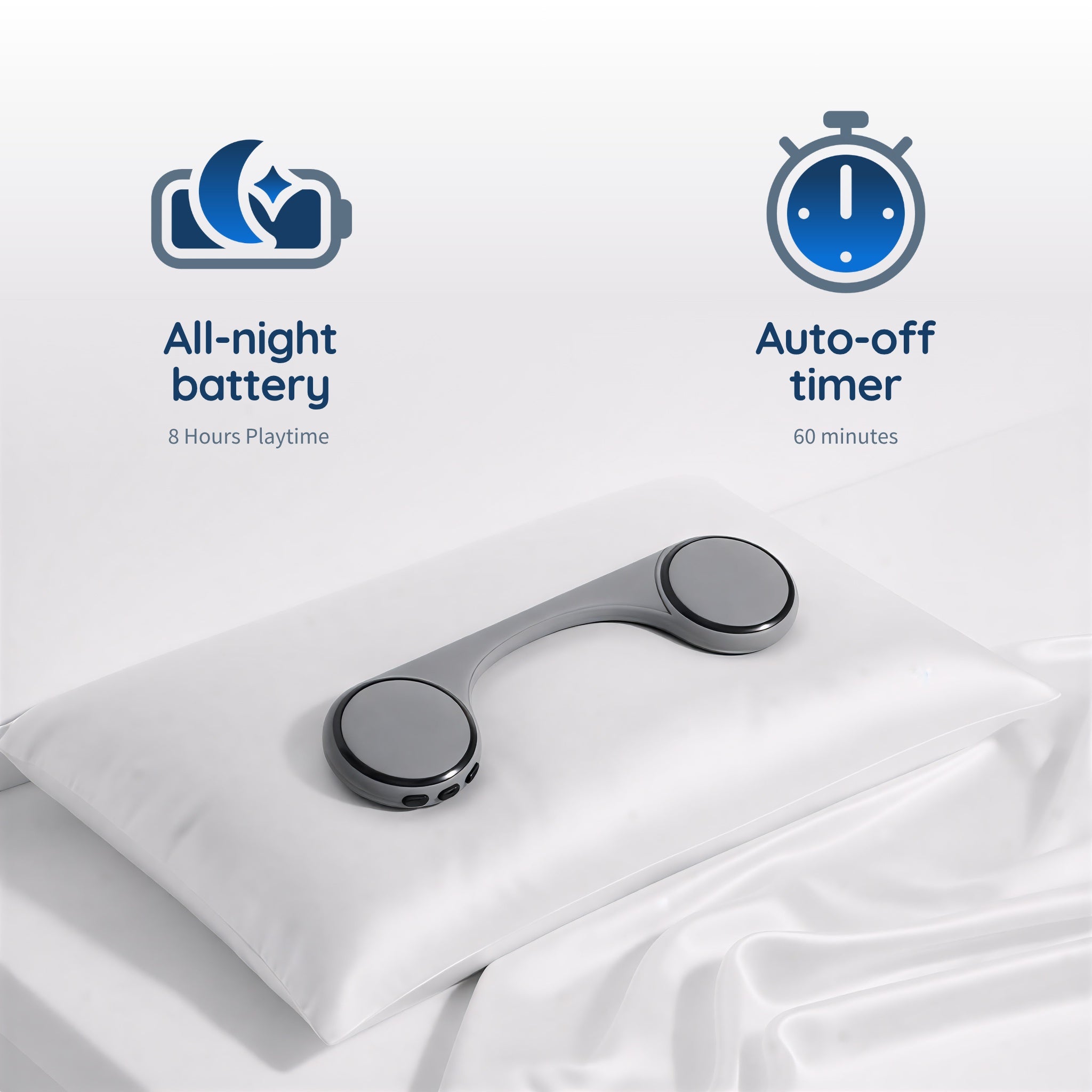 Reztful Noctune under pillow bone conduction Bluetooth speaker with 'All-night battery' and 'Auto-off timer' features on a white background