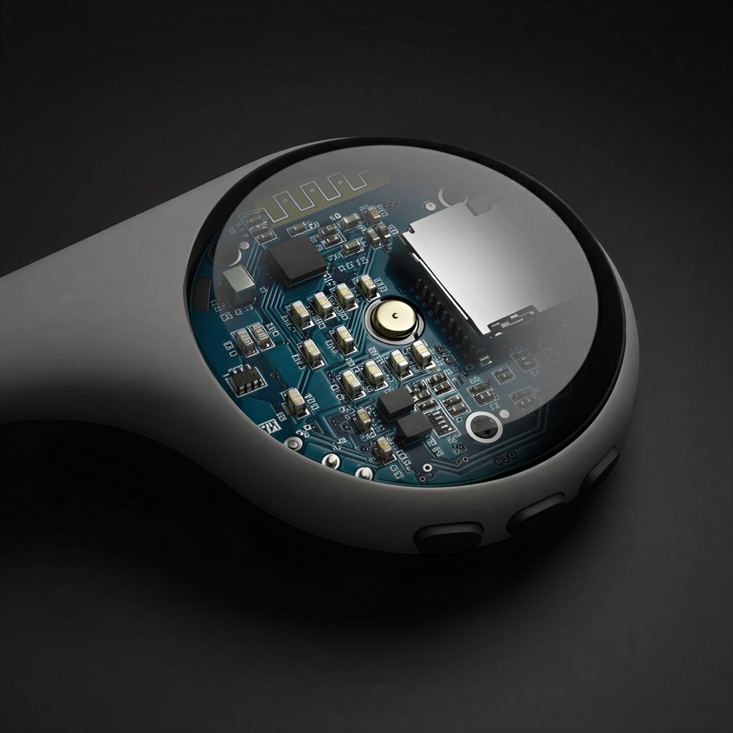 Close-up of Reztful Noctune under pillow bone conduction Bluetooth speaker with visible circuit board on a dark background