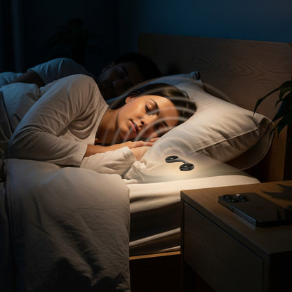 Woman sleeping in bed listening to her favorite sounds using Reztful Noctune under pillow bone conduction Bluetooth speaker, without disturbing her partner.